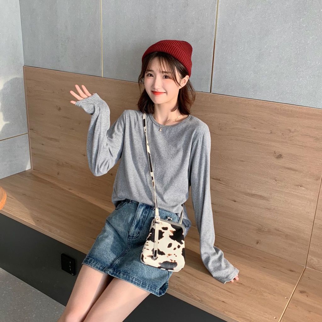 Áo Thun Tay Dài Cổ Tròn Màu Sắc Đơn Giản Dành Cho Nữ