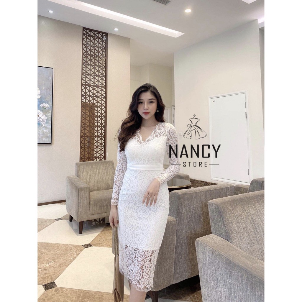 Đầm nữ ren trắng dáng dài cổ chữ V ôm eo siêu tôn dáng cao cấp | BigBuy360 - bigbuy360.vn