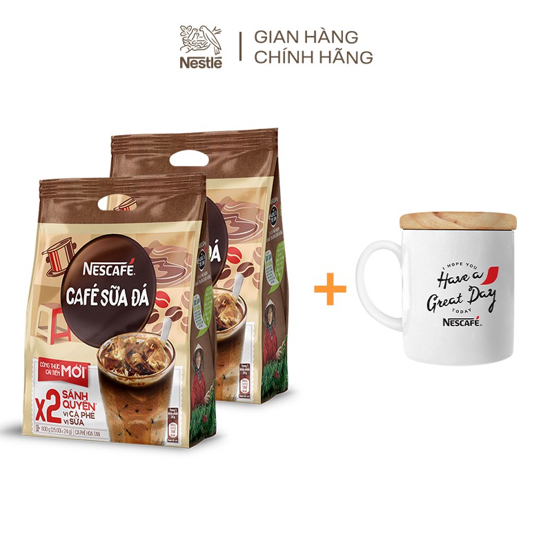 [Tặng 1 ly sứ nắp gỗ] Combo 2 bịch cà phê hòa tan Nescafé cà phê sữa đá (Bịch 25 gói x 24g)