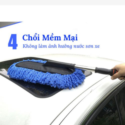 Chổi rửa xe ô tô sợi mềm LOẠI DẸT lau xe ôtô gương kính - Cán có thể kéo dài