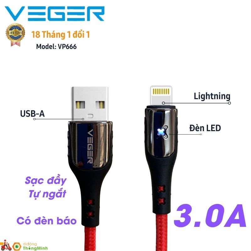 Cáp Sạc iPhone Tự Ngắt 1M Veger VP-666