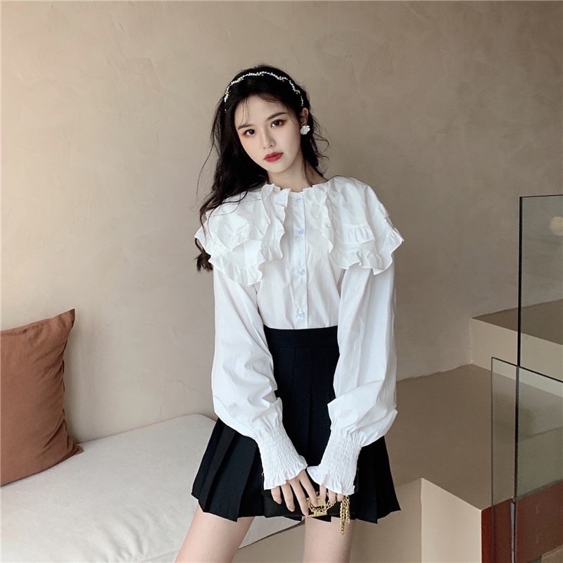 Áo Sơmi Cổ Bèo Tay Phồng Tiểu Thư Tay Bo Chun Hai Màu Trắng - Xanh