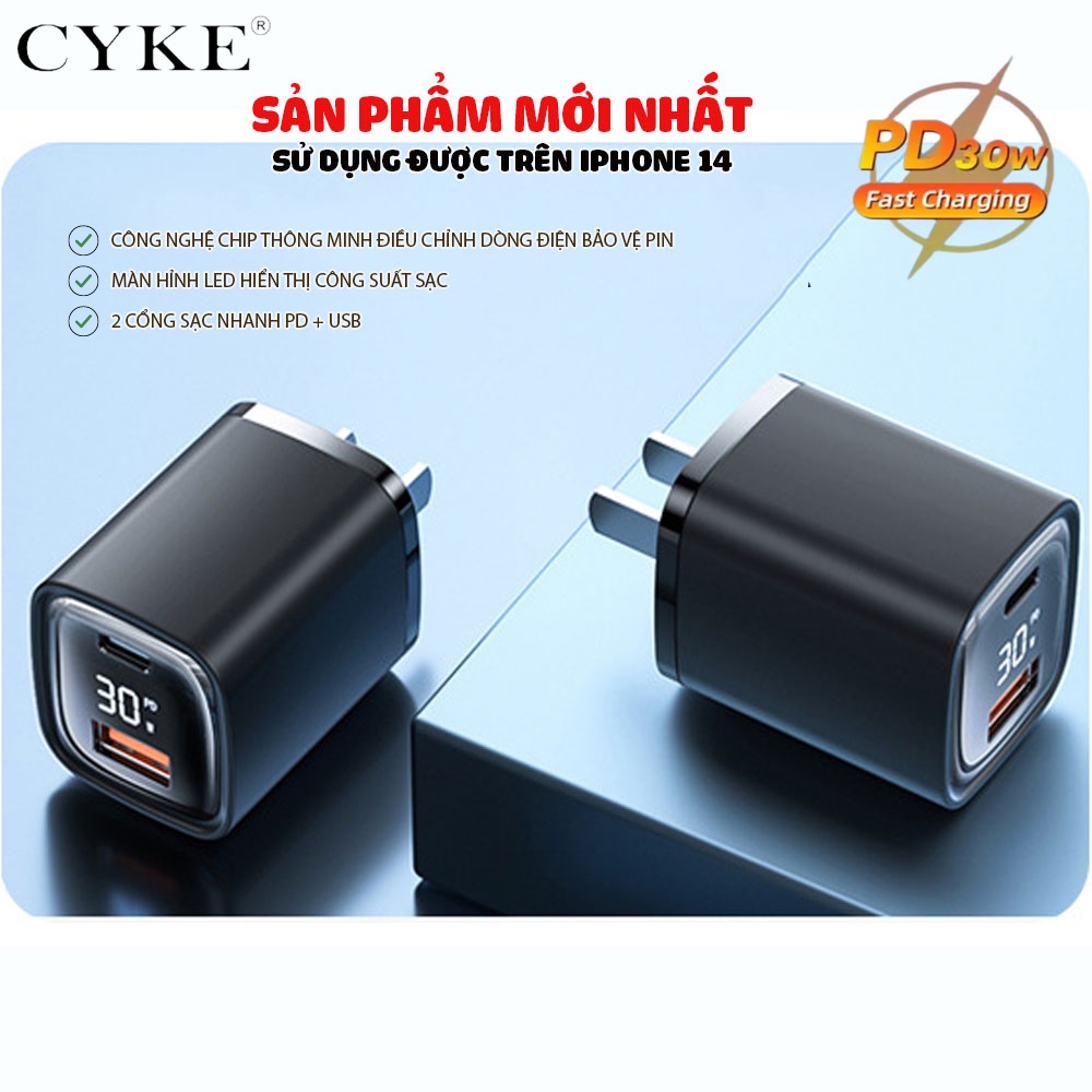 Củ Sạc Nhanh 30W Chính Hãng CYKE PD - Sạc Nhanh PPS - Màn Hình Kỹ Thuật Số - Đa Cổng Dùng Được Cho Nhiều Thiết Bị