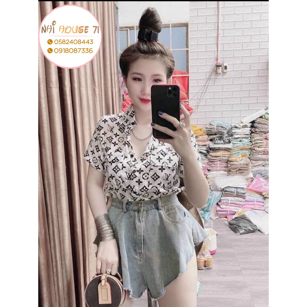 [Freeship 50k] Áo Kiểu Sơ Mi Nữ NHISTORE Cổ Bẻ Chất Tơ Tằm Sọc Tay Ngắn Form Rộng Họa Tiết Thời Thượng Dưới 57KG