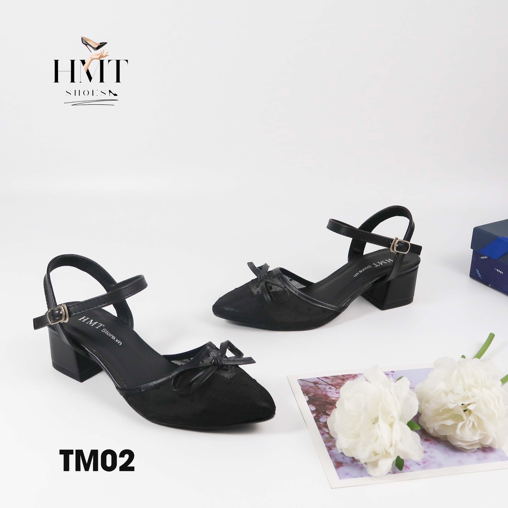 Sandal cao gót bít mũi phối ren HMTSHOES TM02