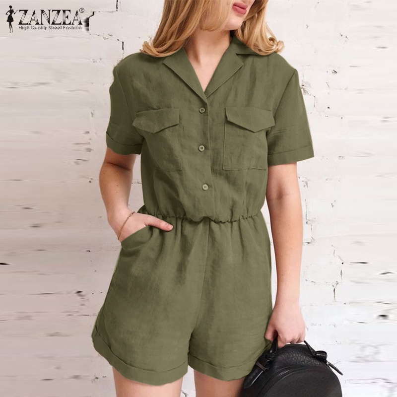 ZANZEA Jumpsuit Ngắn Chất Liệu Cotton Có Túi Thời Trang Cho Nữ