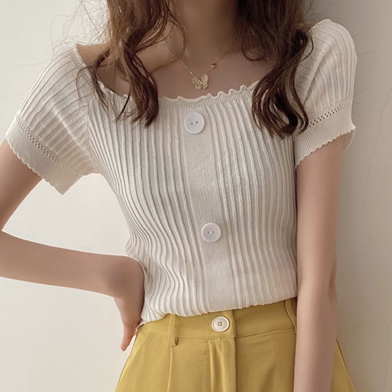 Áo Kiểu Dệt Kim Mỏng Tay Ngắn Hở Vai Nhiều Màu Phong Cách Pháp Thanh Lịch Cho Nữ