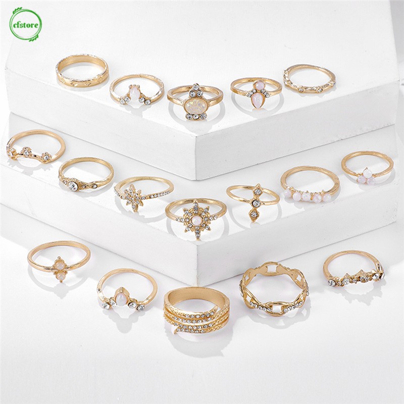 Bộ 17 Nhẫn Mạ Vàng Đính Đá Phong Cách Bohemian