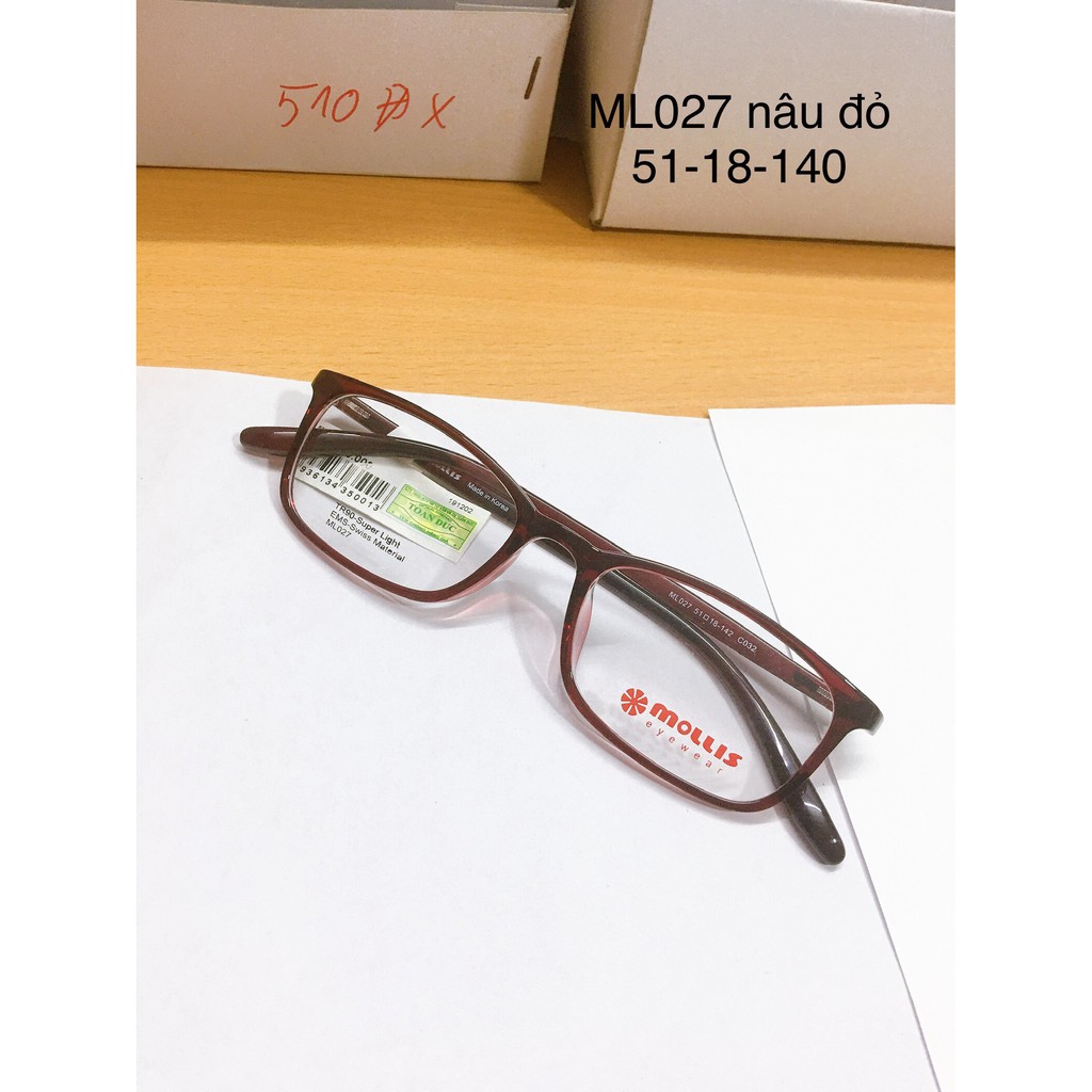 Gọng kính Mollis ML027 màu đỏ màu xanh- gọng  nhựa dẻo Hàn Quốc chính hãng- tặng hộp.