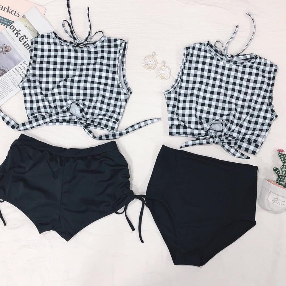 Bikini 2 mảnh quần đùi kẻ caro, bộ bơi rời tắm biển cho nữ kín đáo Bikini191