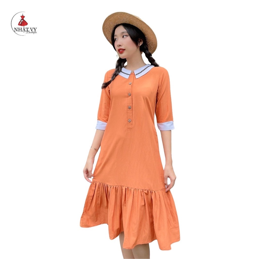 Đầm Nữ NHẬT VY Suông Cổ Viền Cúc Gỗ Chât Linen Màu Cam, Xanh, Đen - D2197