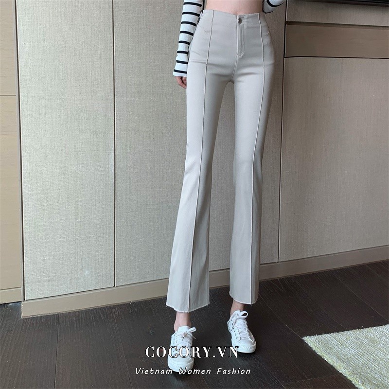 Quần Kaki Ống Loe Lưng Cao Màu Trơn Hợp Thời Trang