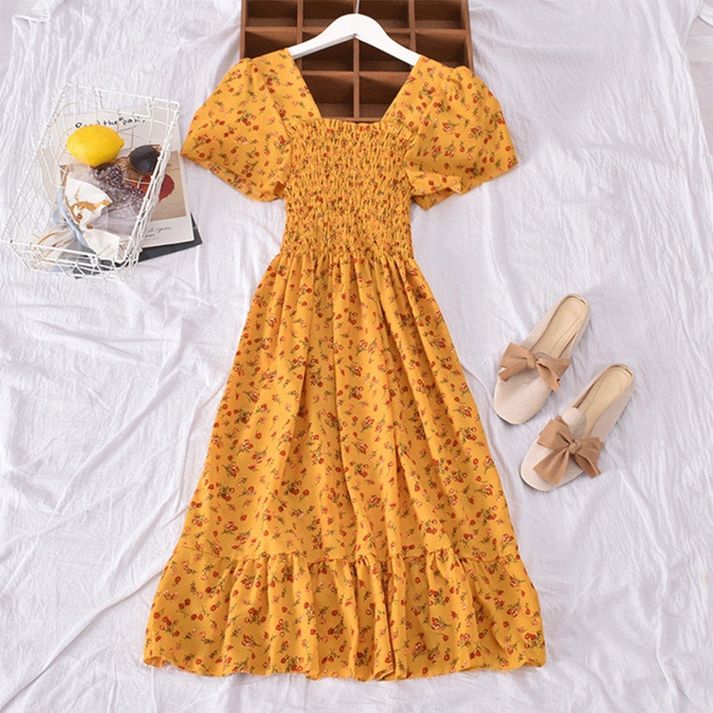 Đầm Midi Cổ Vuông Tay Phồng In Họa Tiết Hoa Phong Cách Boho Cổ Điển Thời Trang Cho Nữ