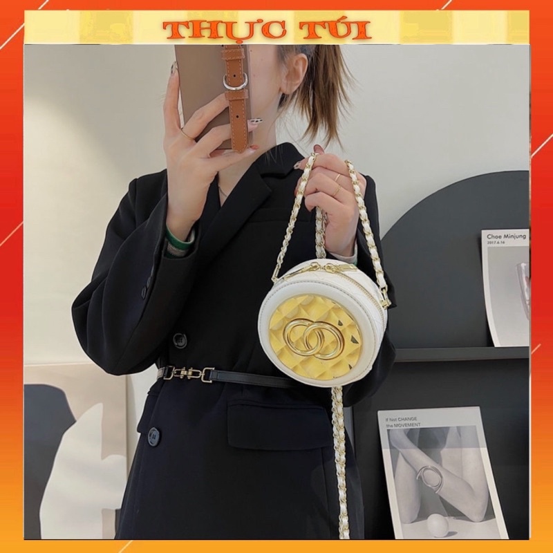 Túi trống tròn nhỏ xinh kèm dây da pha xích đeo chéo phong cách nhất 2020