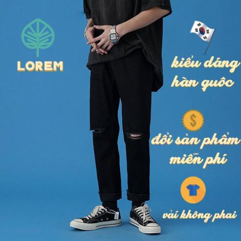 Quần baggy nam nữ đen rách gối , quần jeans ống rộng , dáng xuông , không phai màu phong cách Hàn Quốc  ྇ ྇