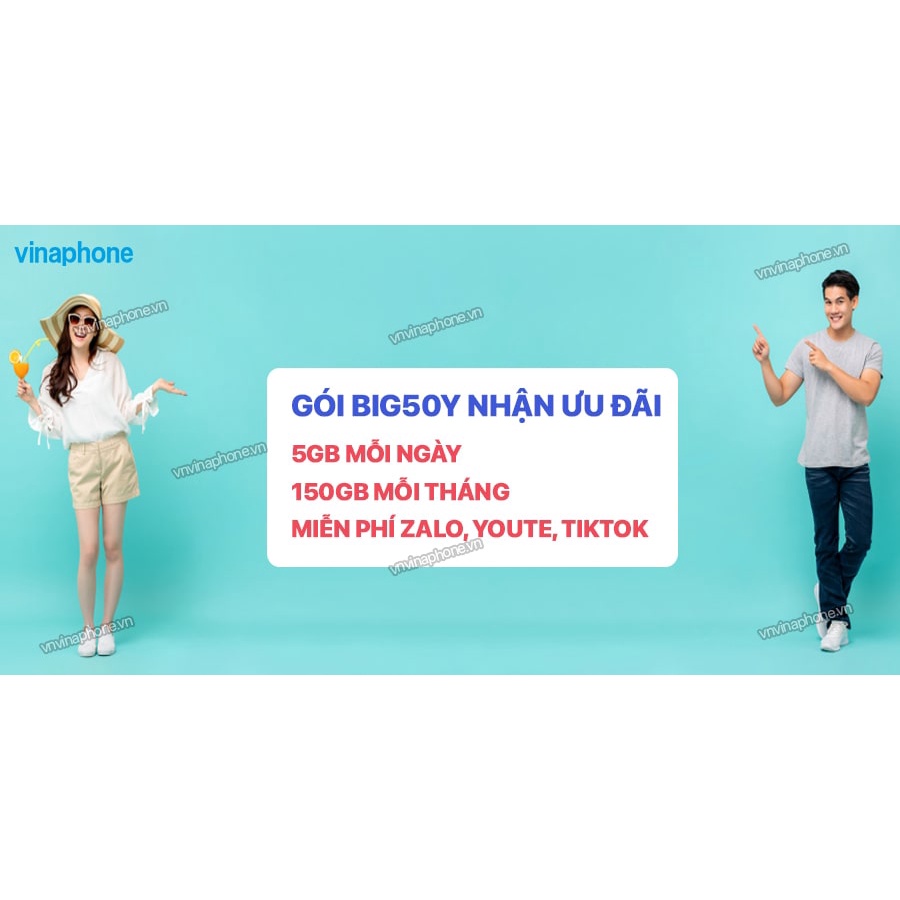 Sim 4G Vinaphone BIG50Y Có 5GB/Ngày  Tốc Độ Cao - Miễn Phí 16 Tháng - Free Tỷ Gb Tiktok, Youtube, Zalo, My TV