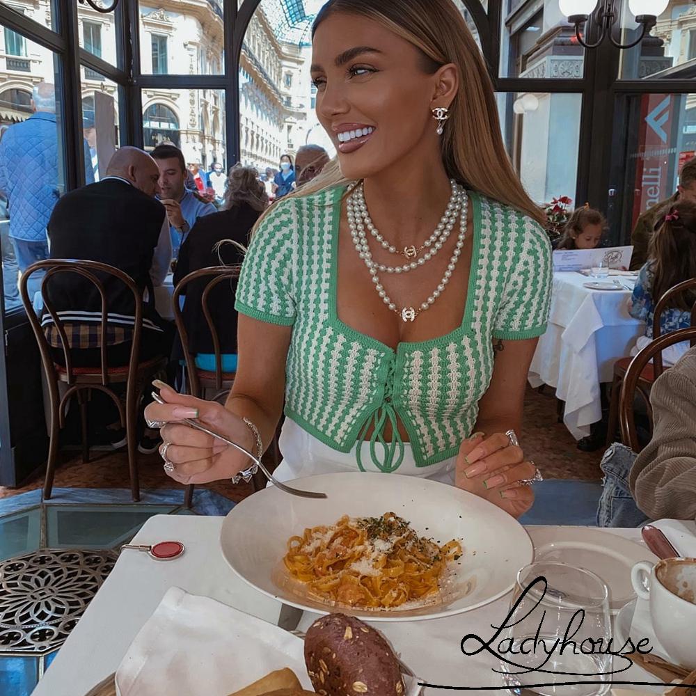 Áo Dệt Kim Tay Ngắn Cổ Vuông In Họa Tiết Kẻ Sọc Có Dây Điều Chỉnh Được Thời Trang Mùa Hè Cho Nữ