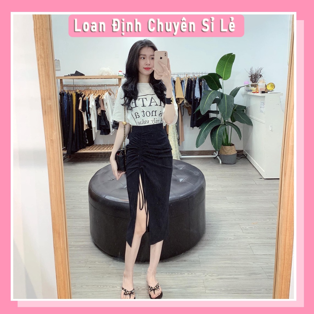Set Áo Phông Chữ Hate is not Family Mix Chân Váy Xẻ Dây Rút