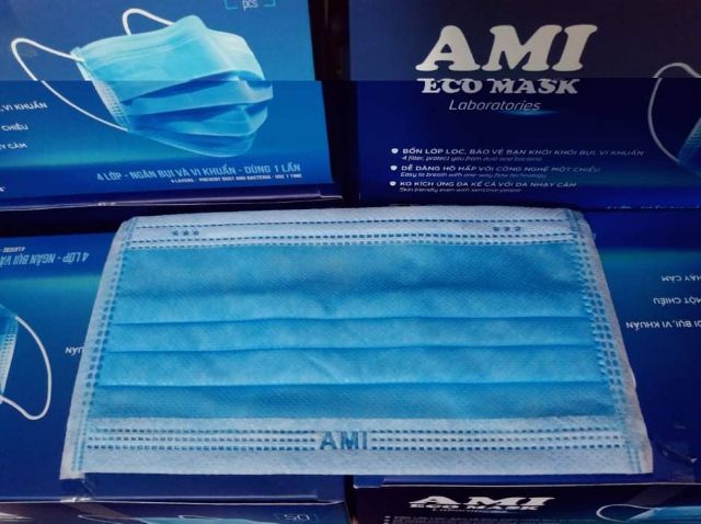 Khẩu trang y tế 4 lớp Ami hộp 50 cái hàng chuẩn có dập chữ