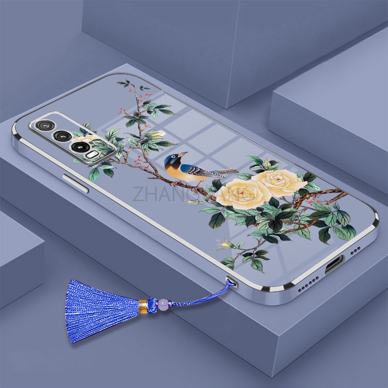 ốp lưng vivo y20i y20s y12s y20 Vỏ điện thoại di động TPU hoa văn chim và hoa được mạ điện có dây buộc tua