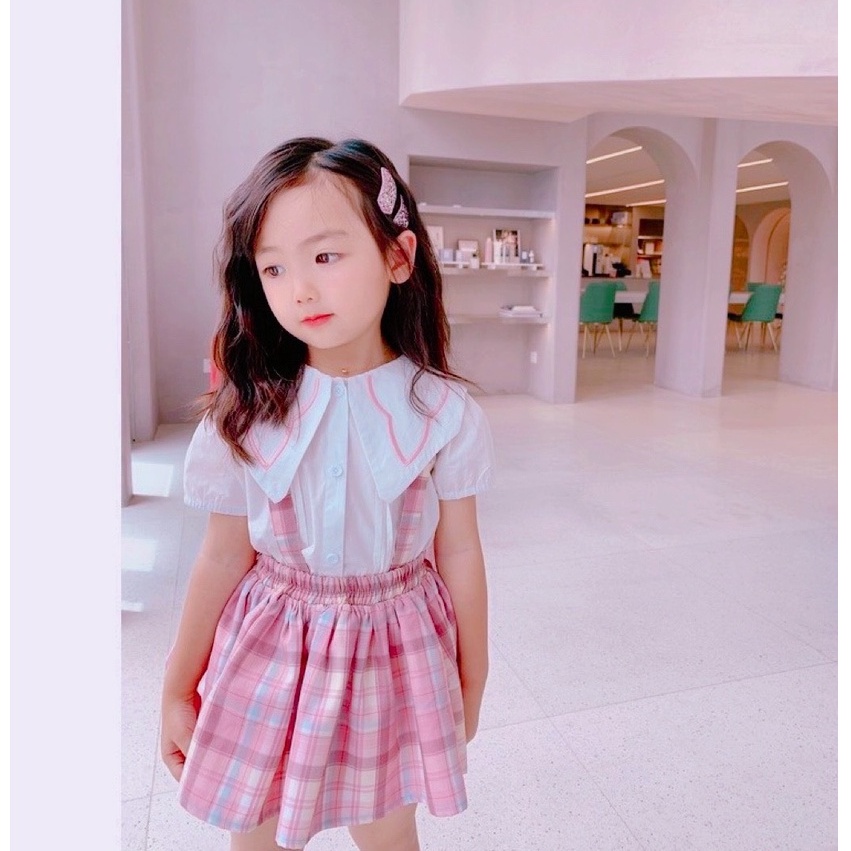 Đồng phục học sinh, váy kẻ hồng kèm áo sơ mi trắng cổ bản to xinh xắn cho bé