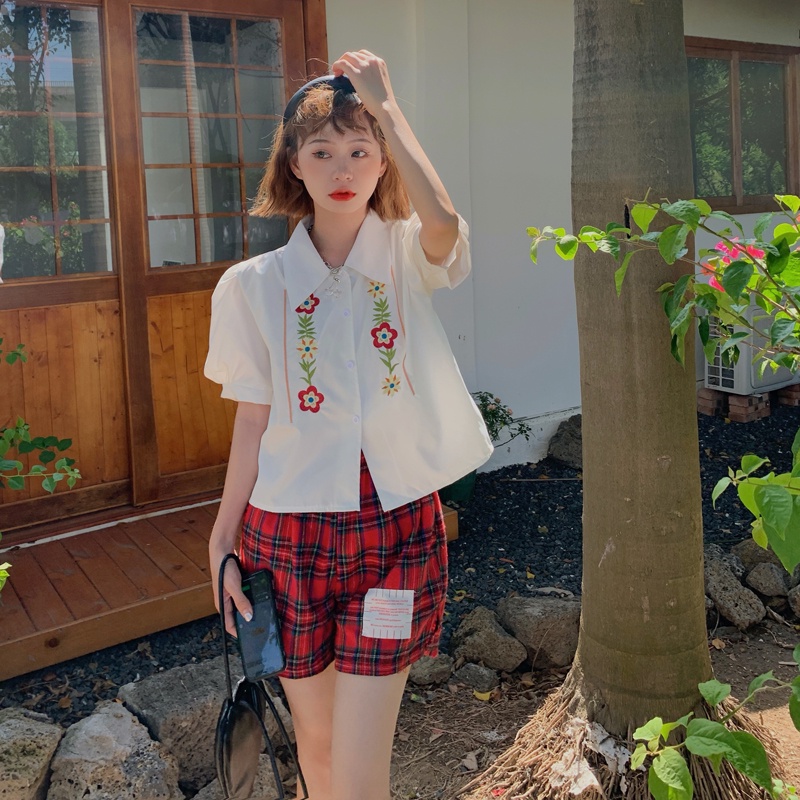 Áo Sơ Mi Ngắn Tay Họa Tiết Thêu Hoa Phong Cách Retro Pháp Thời Trang Mùa Hè Cho Nữ