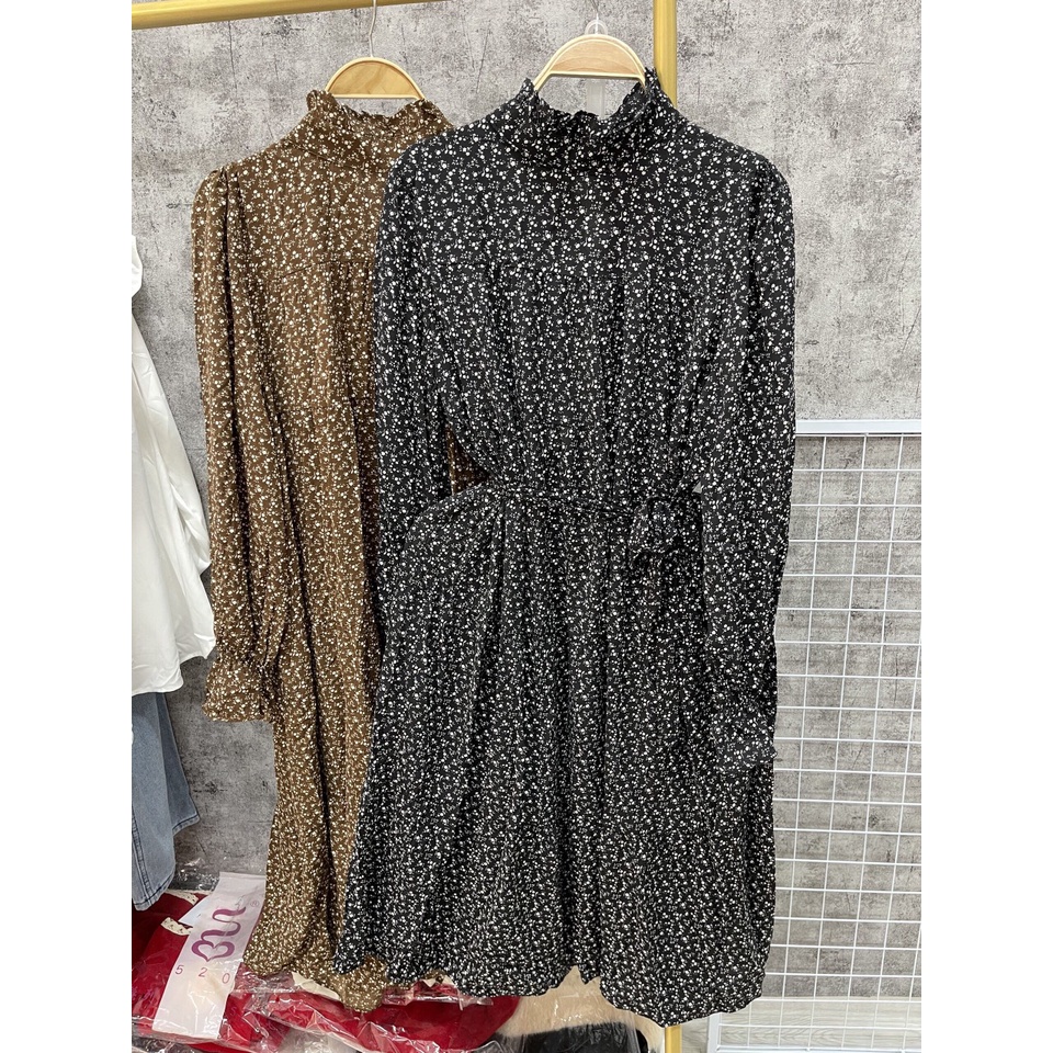 Váy Hoa Nhí Vintage Dáng Suông Thắt Đai Eo Đầm Hoa Tay Bồng Nữ Tính