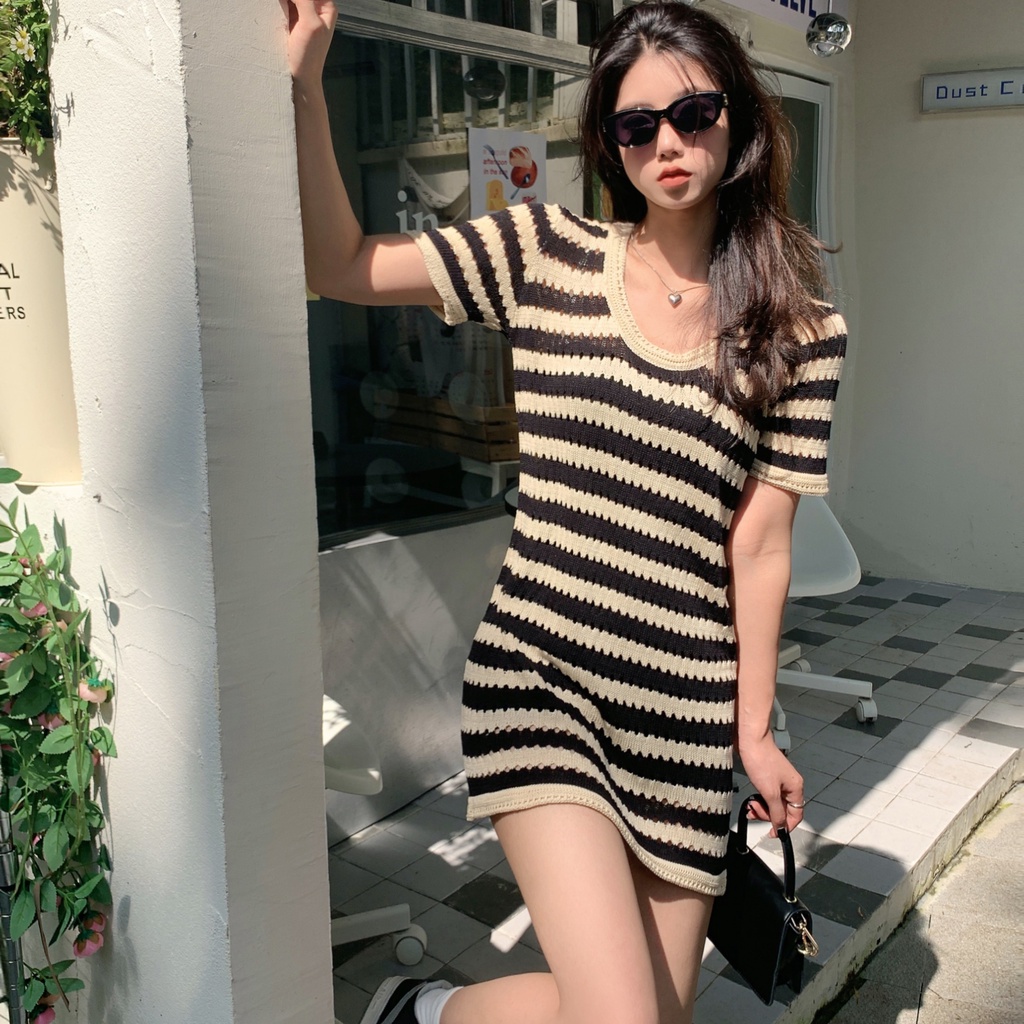 Đầm Dệt Kim Ngắn Dáng Rộng Họa Tiết Kẻ Sọc Màu Tương Phản Thời Trang Mới Cho Nữ