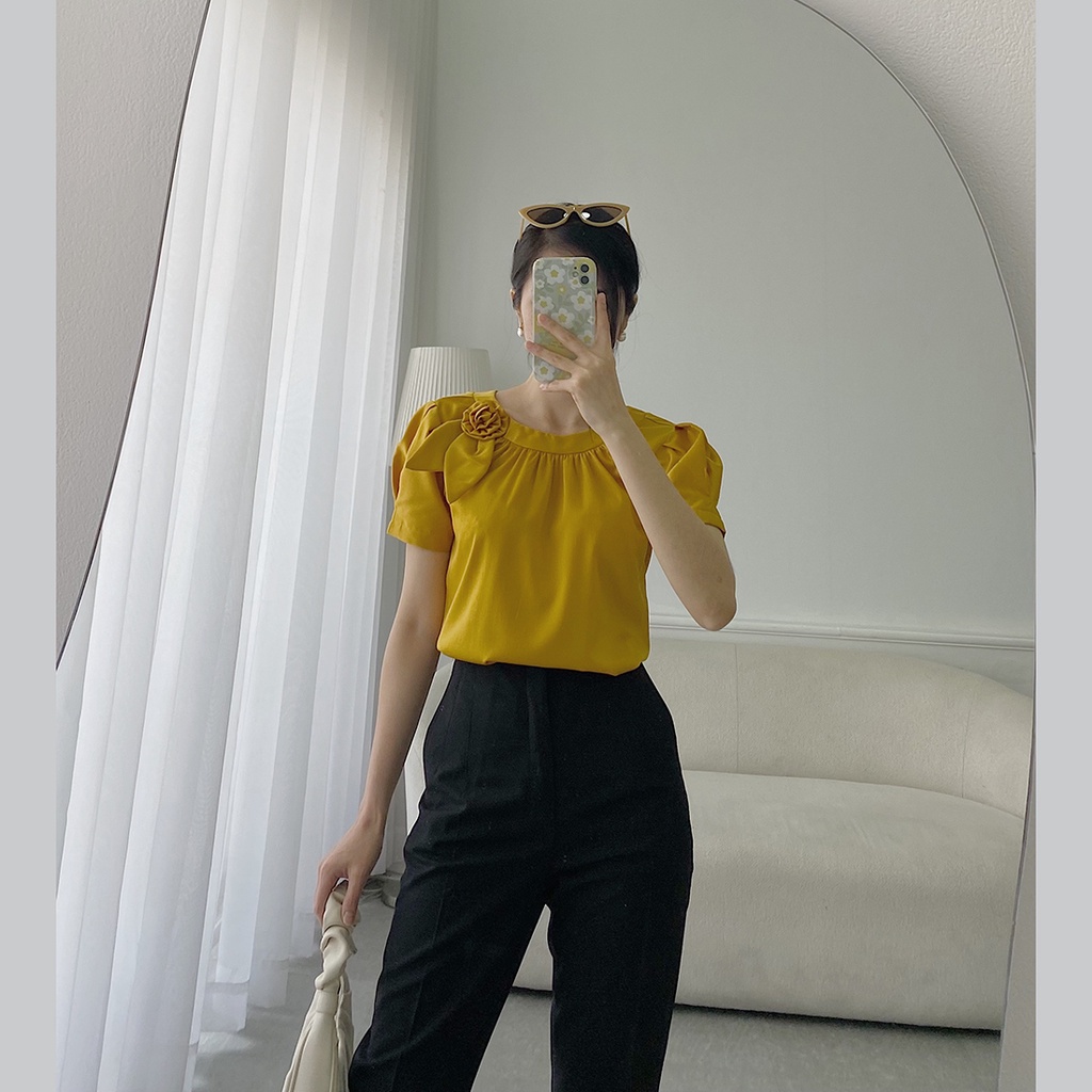 Áo kiểu nữ công sở suông cổ nhún phối hoa thời trang Eden tay ngắn chất liệu lụa mềm mát không nhăn - ASM168