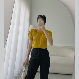 Áo kiểu nữ cổ nhún phối hoa thời trang Eden - ASM168