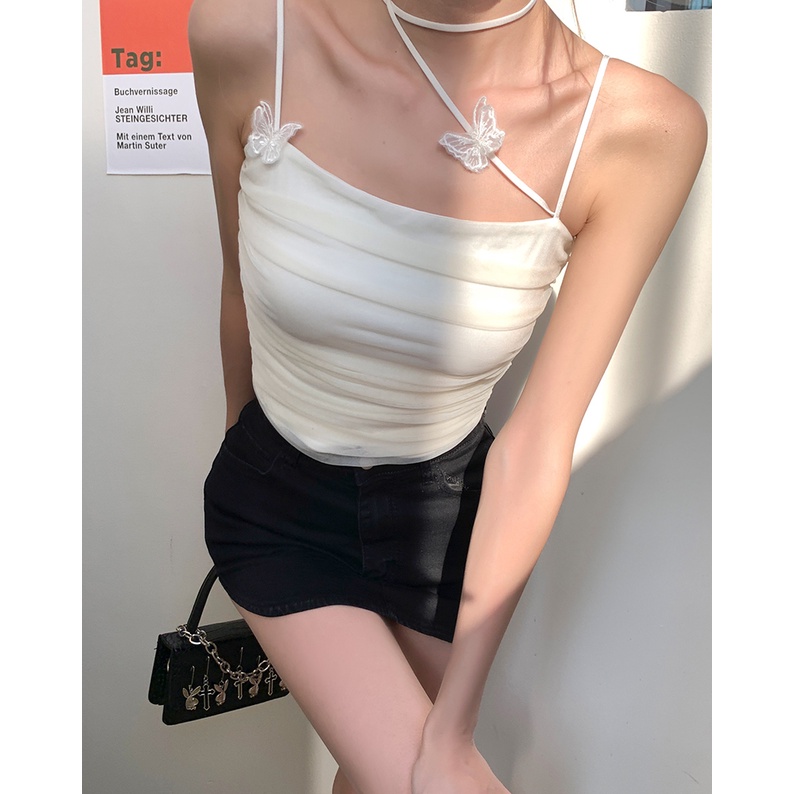 Áo Tank Top Xếp Ly Phối Ren Hình Bướm Thời Trang Cho Nữ