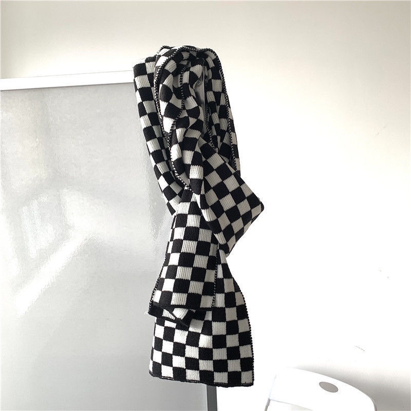 Khăn choàng cổ đan len họa tiết sọc ca rô trắng đen phong cách Âu Mỹ thời trang thu đông cho nữ