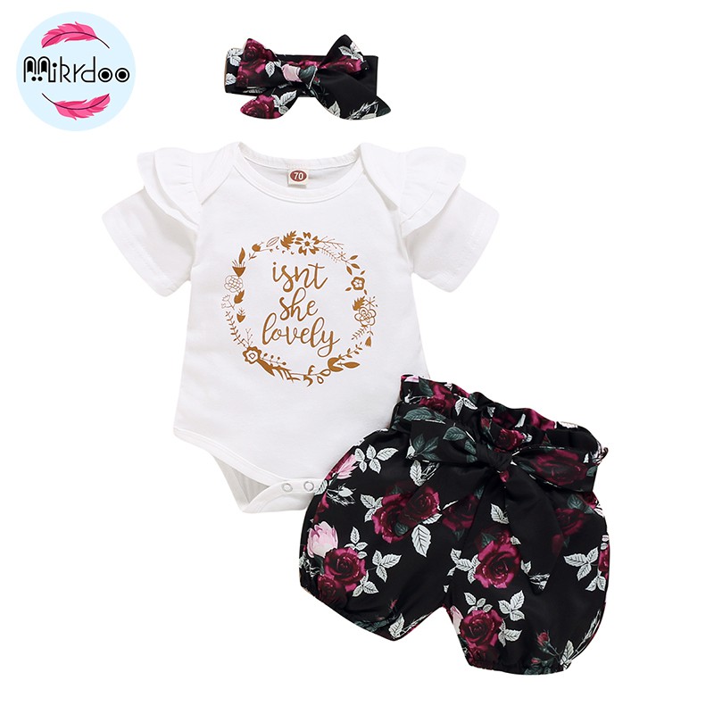 Mikrdoo Bộ 3 Món Áo Liền Quần Tay Ngắn In Chữ + Băng Đô Dễ Thương Thời Trang Mùa Hè Cho Bé Sơ Sinh