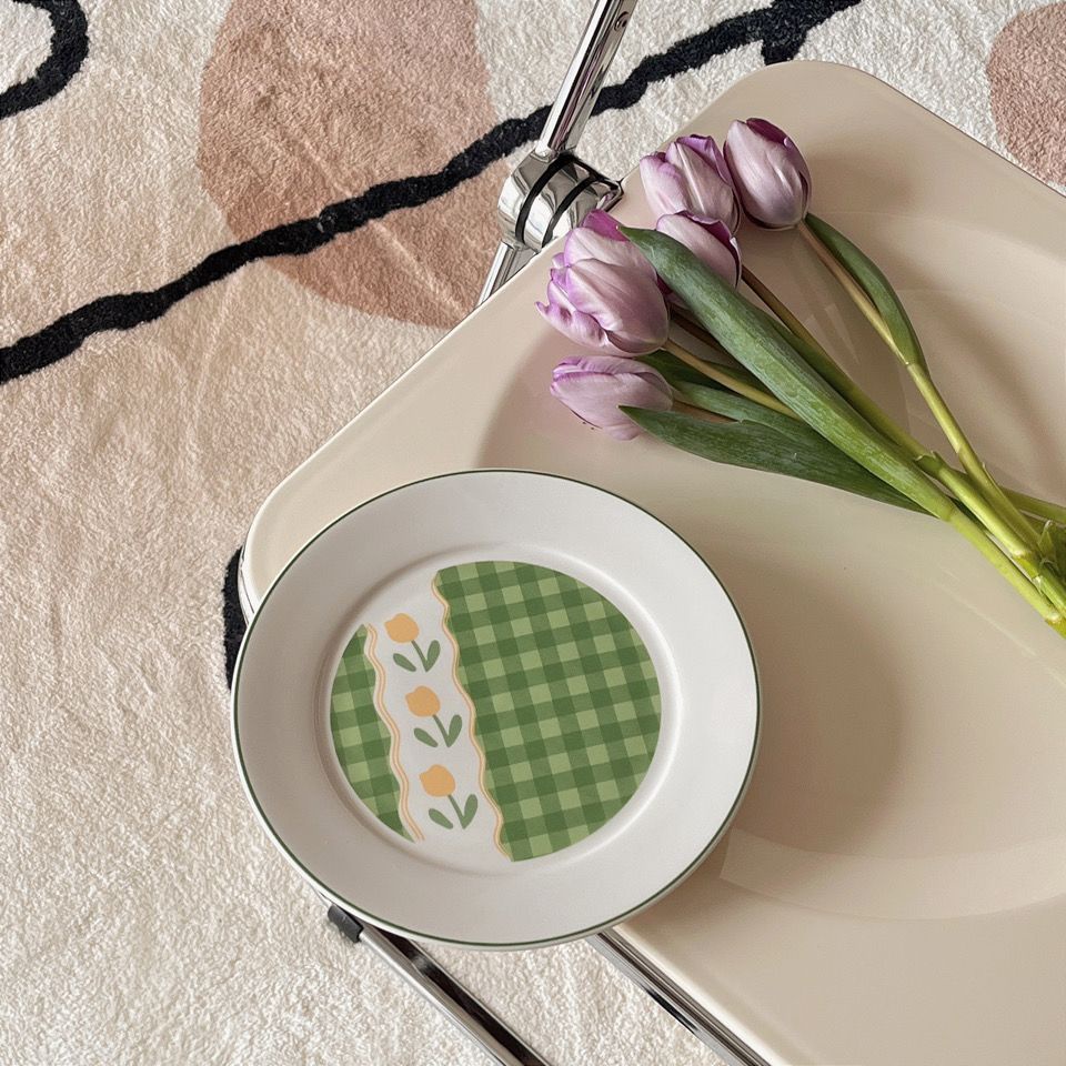 Đĩa Sứ Hình Hoa Tulip Màu Xanh Lá Kiểu Retro Hàn Quốc Dễ Thương