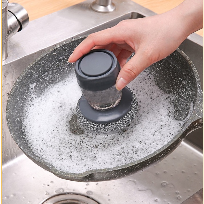 Cọ rửa xoong nồi có bình chứa xà phòng dạng nhấn tiện lợi