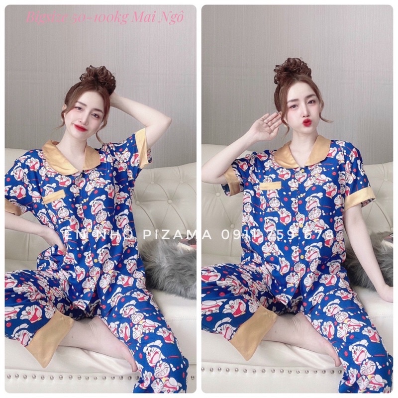 Bigsize Dài Tay Ngắn Phối Lụa Satin cổ sen 55-110kg Én Nhỏ Pijama