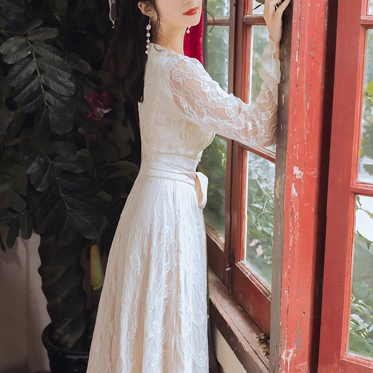 NEW Đầm Maxi Tay Dài Cổ Vuông Phối Ren Thời Trang Mùa Hè Cho Nữ