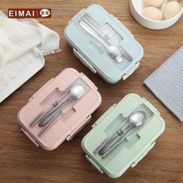 Combo 10 HỘP CƠM LÚA MẠCH 3 NGĂN KÈM ĐŨA THÌA