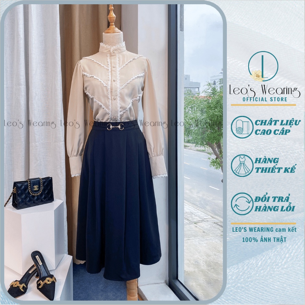 Chân Váy Xòe Đính Belt Giả mix Áo Sơ Mi Tay Dài LEOSWEARING Thiết kế váy có túi tiện lợi mặc công sở đi tiệc H44