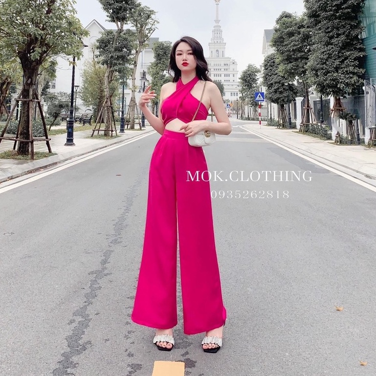 Set bộ bra cổ yếm mix quần ống rộng đi biển SL702