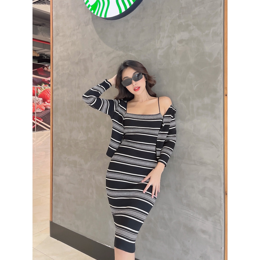 Set Áo khoác + Đầm 2 dây trẻ trung chỉ mịn cao cấp Paola DS01