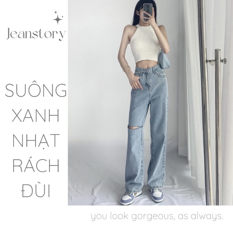 Quần Elise Jeans Suông Xanh Rách Đùi