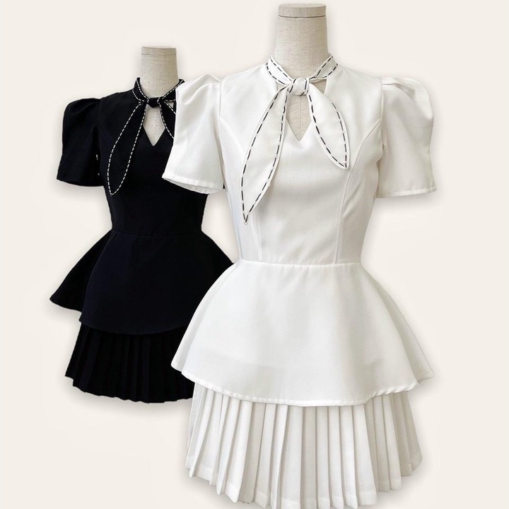 [Ảnh thật] Áo peplum cổ V chỉ nổi cột nơ cổ