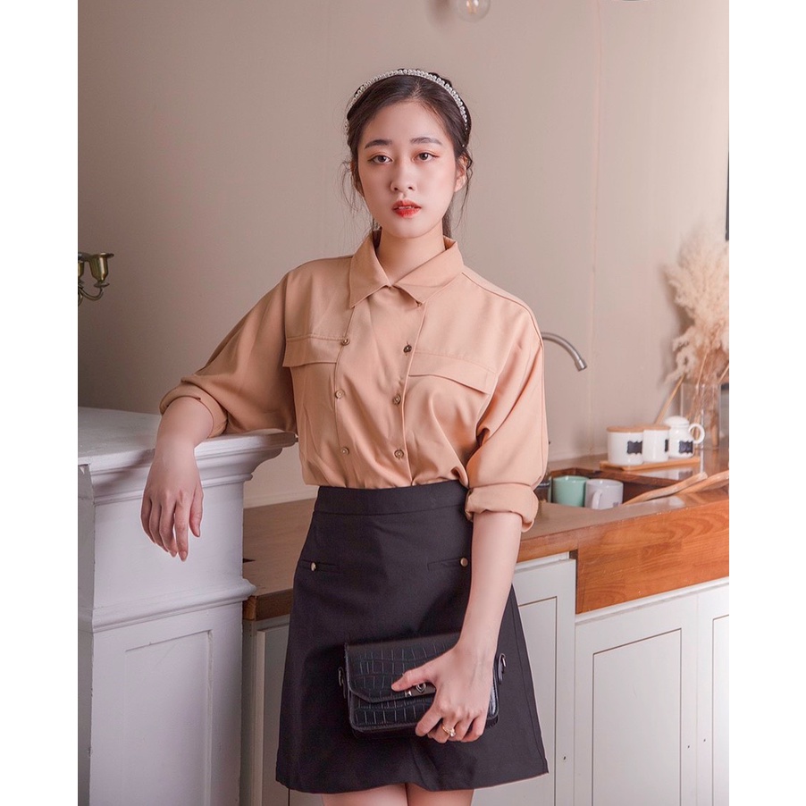 Áo sơ mi kiểu thiết kế đẹp tay dài cánh dơi dáng rộng cổ vest phối cúc cách điệu, chất liệu không nhăn SM01-HTDESIGN