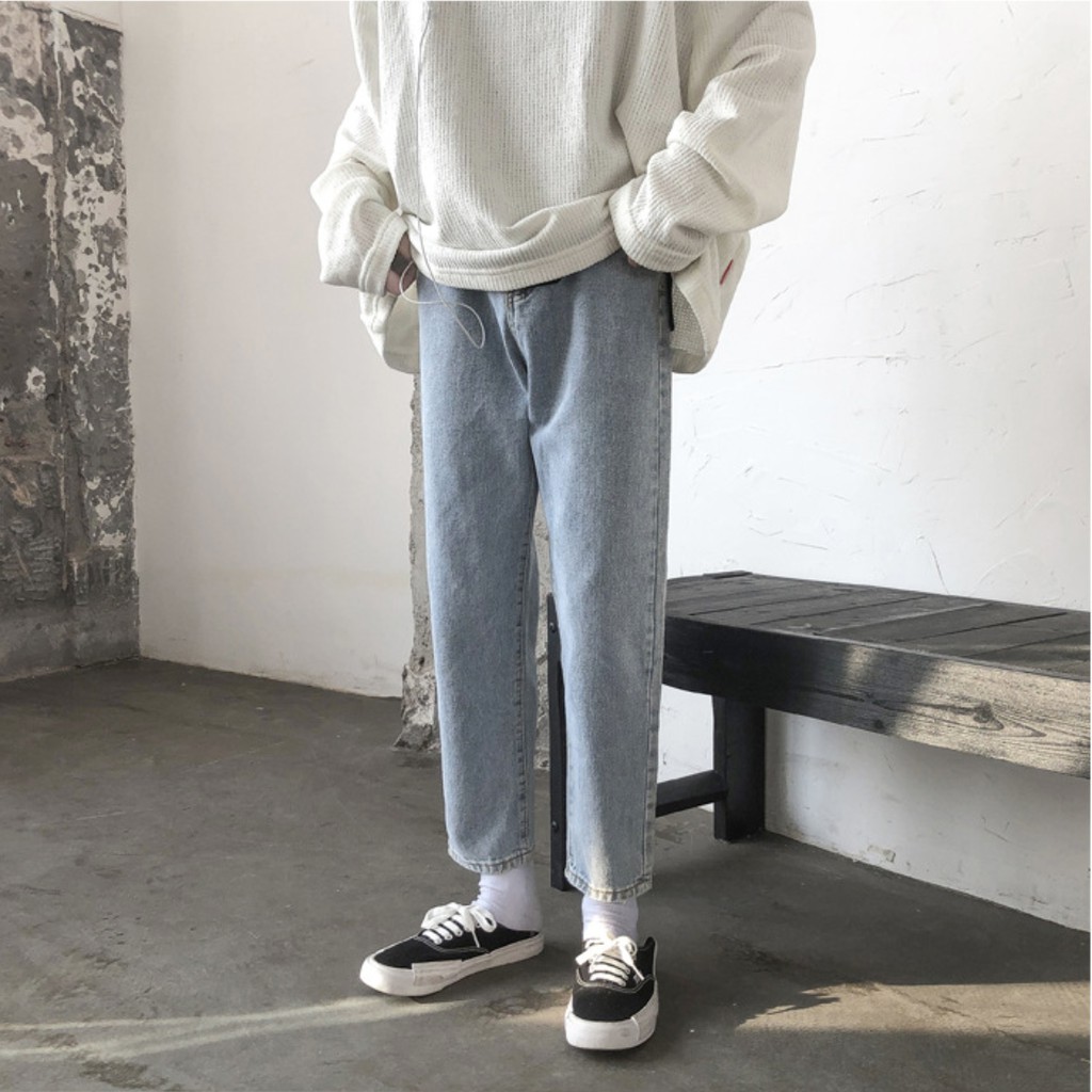 Quần Jean Baggy Nam Ống Rộng Màu Xanh Nhạt Trơn Basic Unisex Vải Co Giãn-B02 | BigBuy360 - bigbuy360.vn