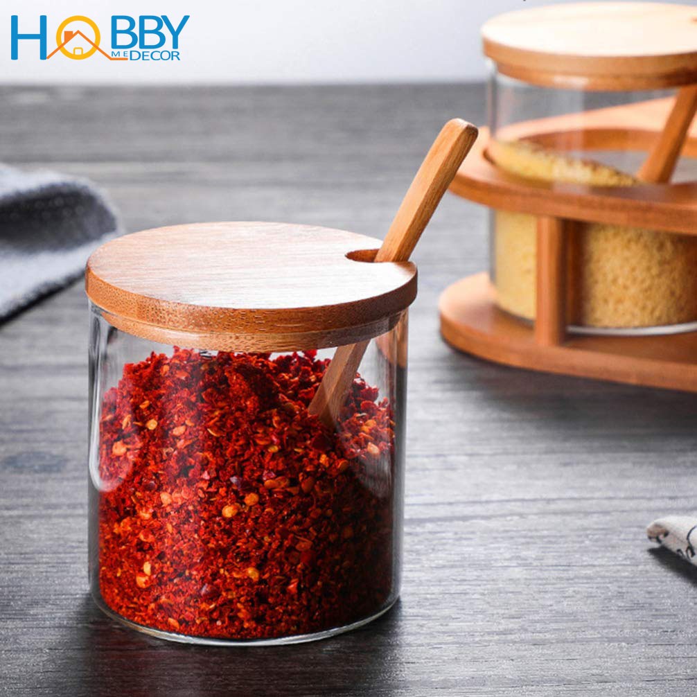 Bộ 3 hủ thủy tinh đựng gia vị khay gỗ HOBBY Home Decor HGVTG - gỗ tre có nắp và muỗng - mẫu tam giác