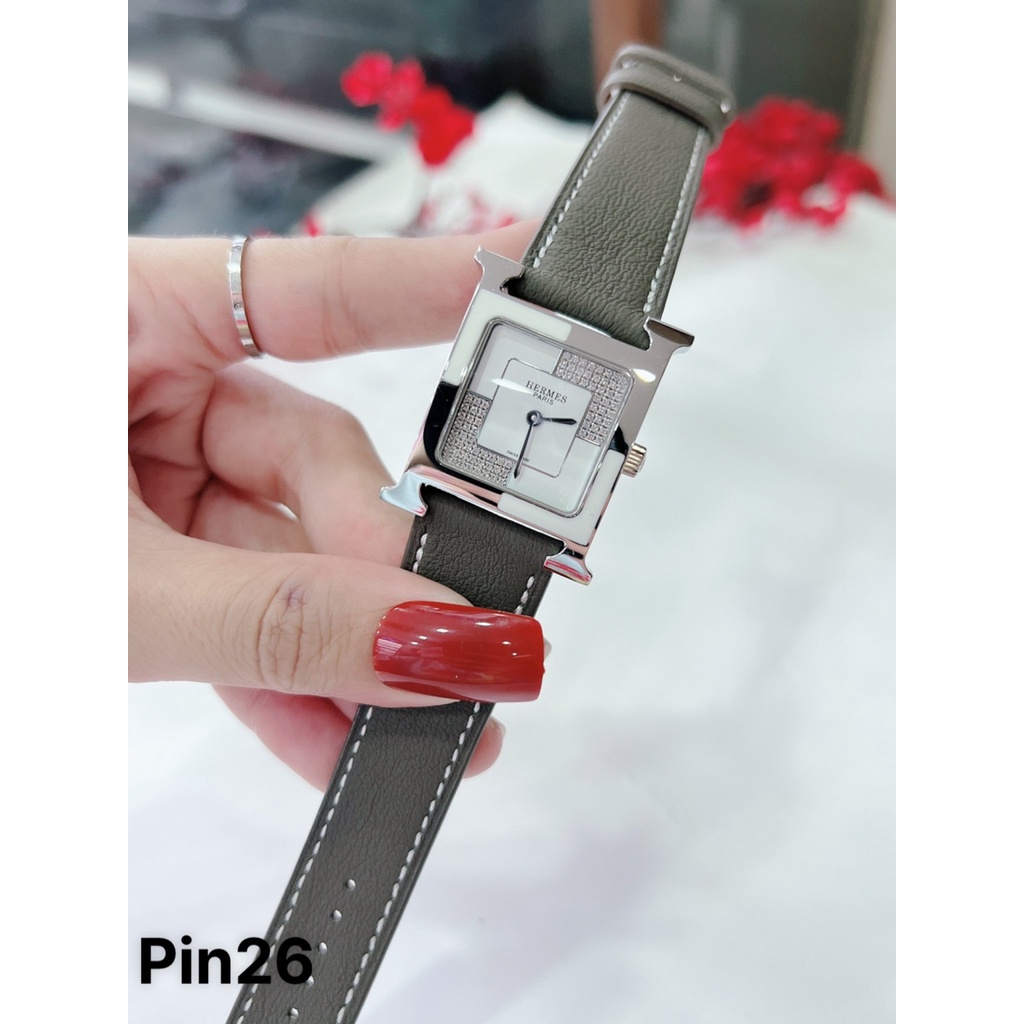 Đồng hồ Hemes Heure H nữ mặt vuông dây da - Viền Ceramic Mặt Đính Đá - Size 26x26mm hermes
