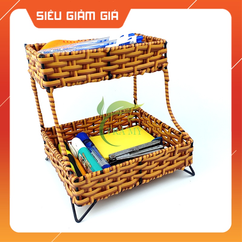 Kệ mây 2 tầng nhỏ dây mây dẹp đa năng, đựng bút viết văn phòng phẩm, đựng giấy tờ nhỏ - Mây Tre Trà My