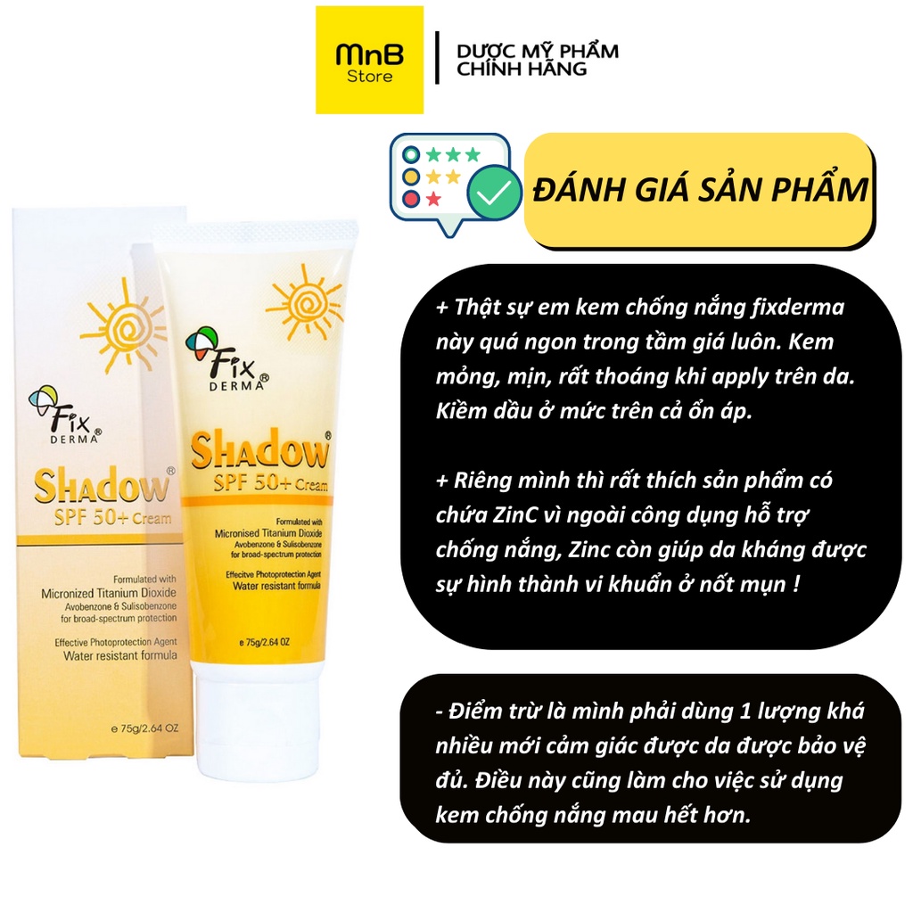 Kem chống nắng Fixderma Shadow SPF50 thoáng nhẹ không gây mụn cho da nhạy cảm 75g | BigBuy360 - bigbuy360.vn