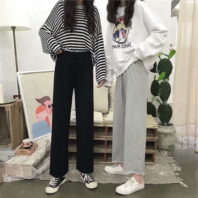 Women Casual Spring Summer Solid Color Loose Wide Leg Loose Elastic High Waist Tie Straight Casual Nine Pants | BigBuy360 - bigbuy360.vn